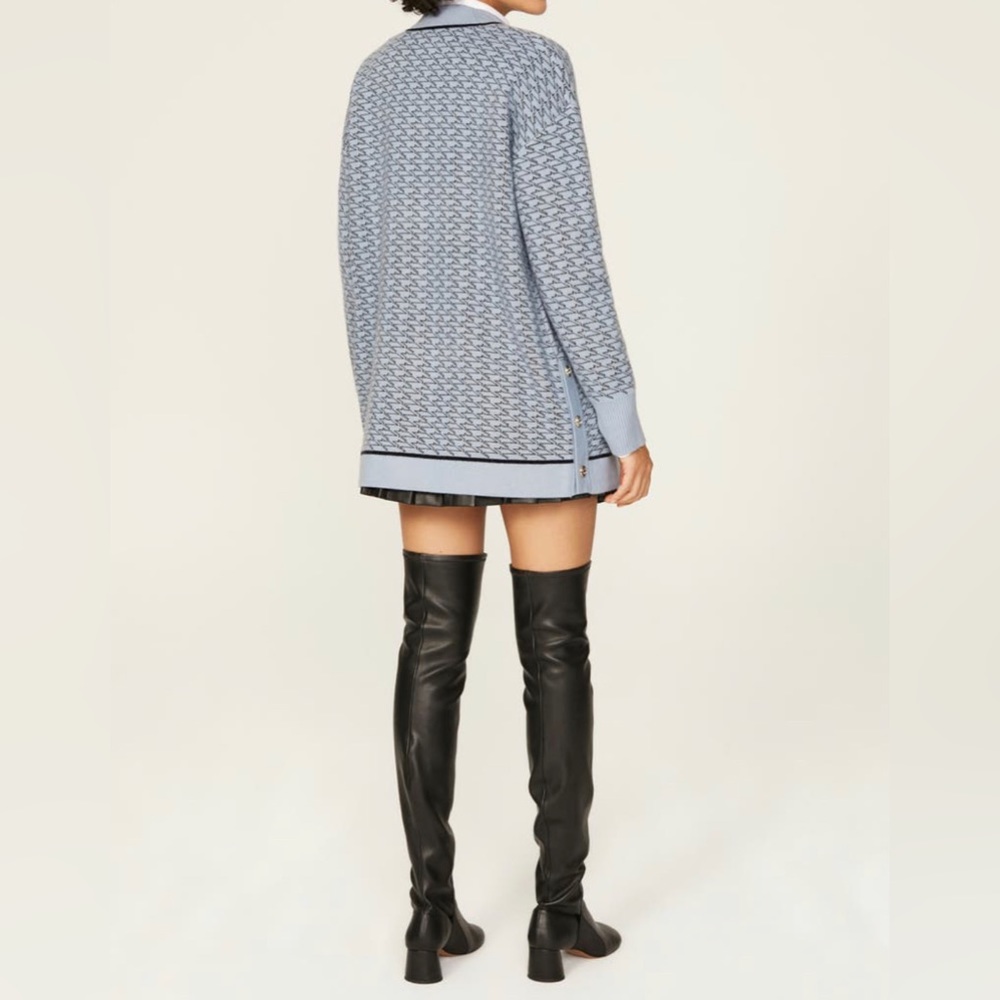 Sandro Light Blue Patterned Knit Cardigan with Black Trim - Picture 3 of 9